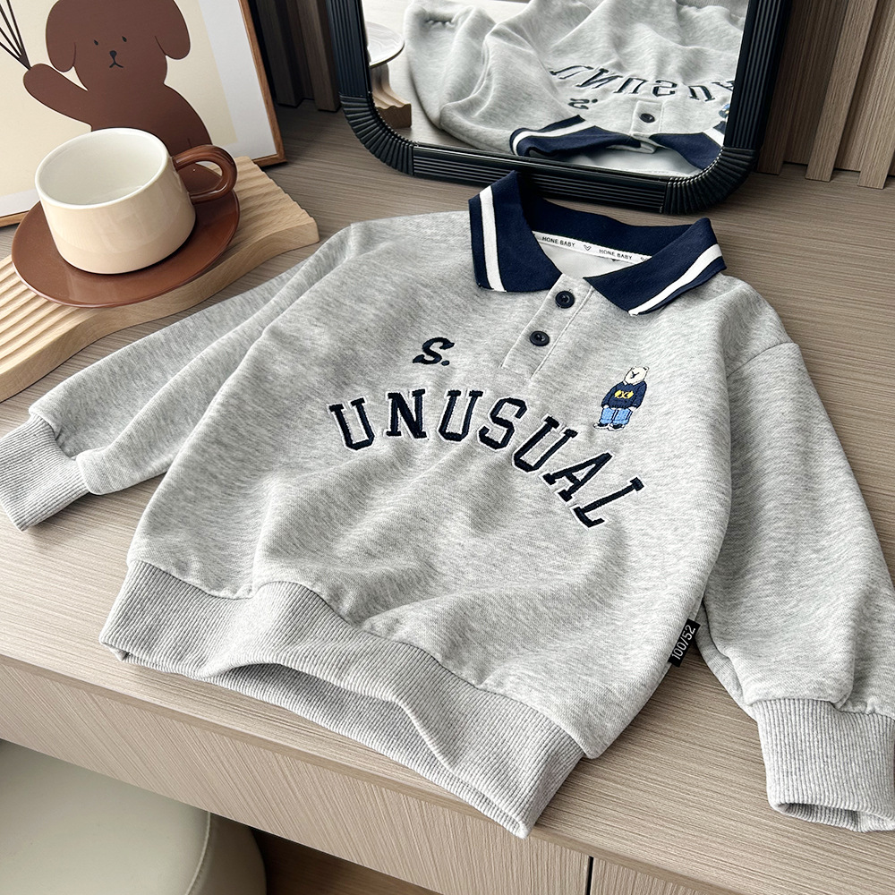 Boys Lapel Sweatshirt 2023 Autumn New Medium and Large Children's Sweatshirt Pullover Children's Sports Top Long Sleeve T-Shirt