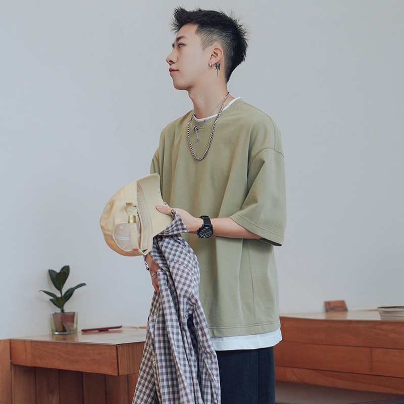 Summer Fake Two-piece Short-sleeved T-shirt Men's Loose Round Neck Solid Color Half-sleeved Trendy Hong Kong Style T-shirt Half-sleeved Korean Style