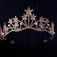 新娘皇冠頭飾韓式五角星水鑽皇冠 水鑽發光頭箍復古禮服新娘頭飾