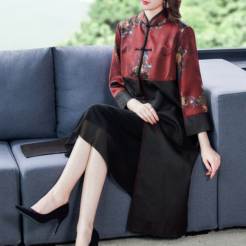 高端香云纱仿真丝风衣女长款2021春秋装新款妈妈重磅桑中长款立领