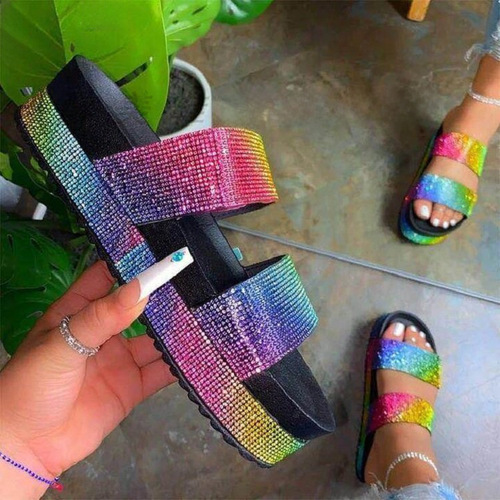 Women's Summer New Thick Sole Colorful Diamond One-Strap Beach Slippers Fashion Casual Cool Slippers for Overseas Trade
