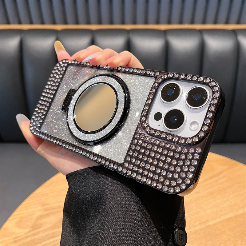 ダイヤモンド付きフォトフレームシェル、グラデーショングリッターペーパー+ミラー付きスタンド、iPhone16promax、Apple17対応スマホケース|undefined