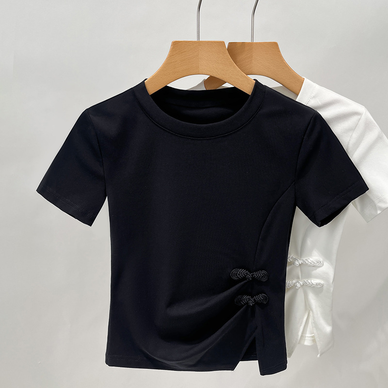 Camiseta de mangas cortas de estilo nacional para mujeres 2024 nueva ropa de mujer hombro de cuello redondo camisa de algodón de color puro diseño de camisa corta
