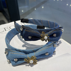 韓國輕奢蝴蝶結髮箍高級感水鑽高顱頂頭箍韓版牛仔網紅髮飾批發