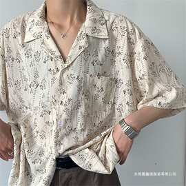 男士古巴领花衬衫夏季新款美式复古嘻哈潮流宽松oversize休闲衬衣