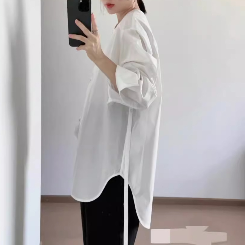 (2개) 간단한 단색 느슨한 피부 친화적 인 통기성 라운드 넥 싱글 브레스트 가을 새로운 긴팔 매일 올 매치 셔츠 탑