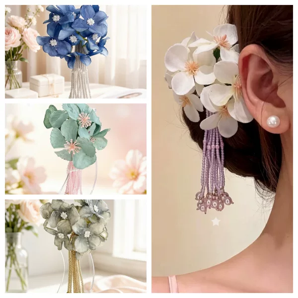 New Chinese-style hydrangea flower and rose tassel hairpin, ancient style Hanfu hair accessory for scenic spots and seaside, pearl hair ornament for photography