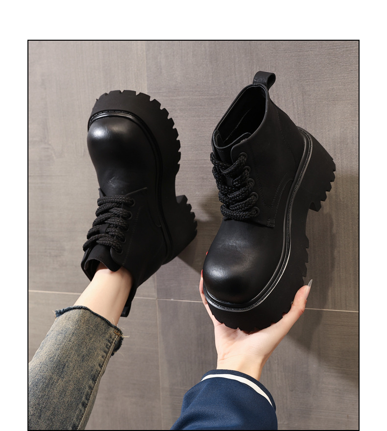 Giày boot nữ đế dày tăng chiều cao, dây buộc, phong cách đa năng — màu đen chi tiết 12