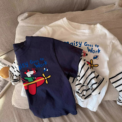 Pure cotton fake two-piece children's T-shirt long-sleeved striped cartoon casual and versatile children's clothing base shirt top spring and autumn
