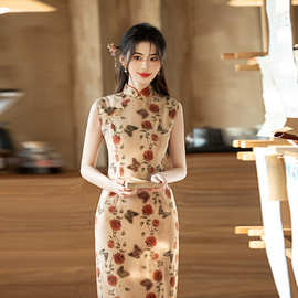 新中式复古设计感旗袍玫瑰花民国风文艺风温婉女孩日常修身连衣裙