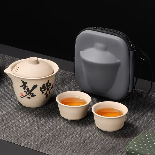 Stoneware Travel Tea Set Portable Quick Cup Outdoor Camping Style Travel Teapot Company Event Logo Gift