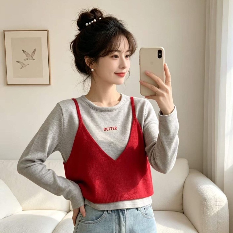 Korean-style two-piece round neck patchwork knit sweater, 2026 autumn new style embroidered pullover long-sleeved base shirt T-shirt