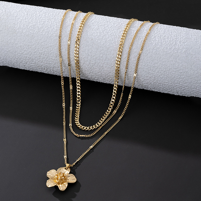 Collier pendentif fleur plissée dorée, tendance européenne et américaine, pour femme, style multi-rangs._voghion.com