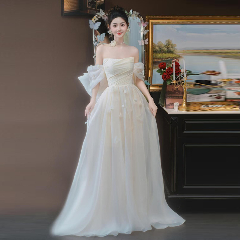 French Morning Robe off-shoulder Light Wedding Dress Bride Wedding Welcome Out Yarn High-end Light Luxury Banquet Evening Dress