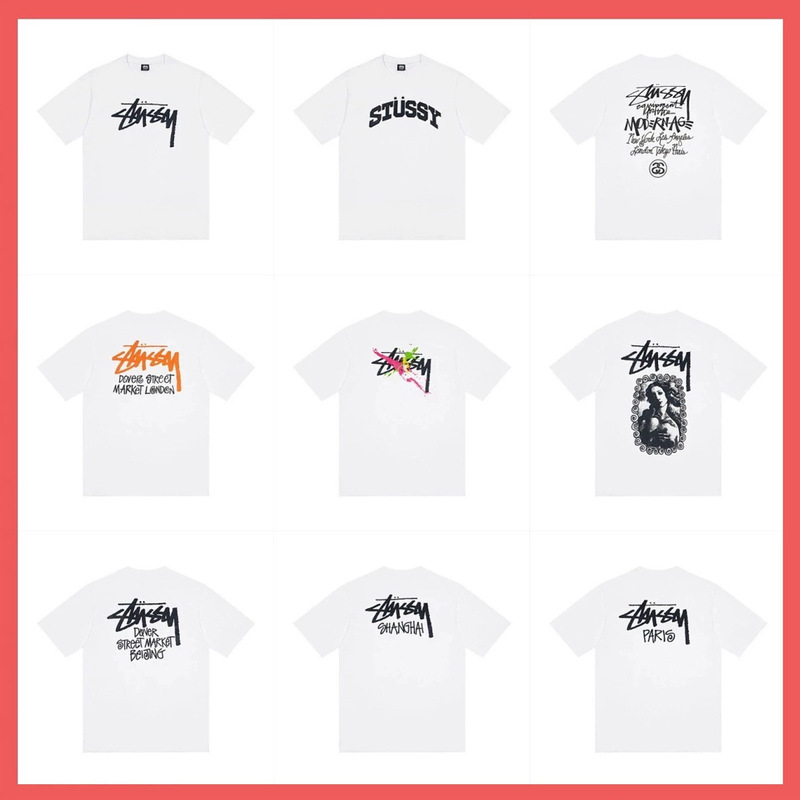 High-quality Stussy in-stock shark pattern letter print double-thread pure cotton round-neck STU short-sleeve T-shirt
