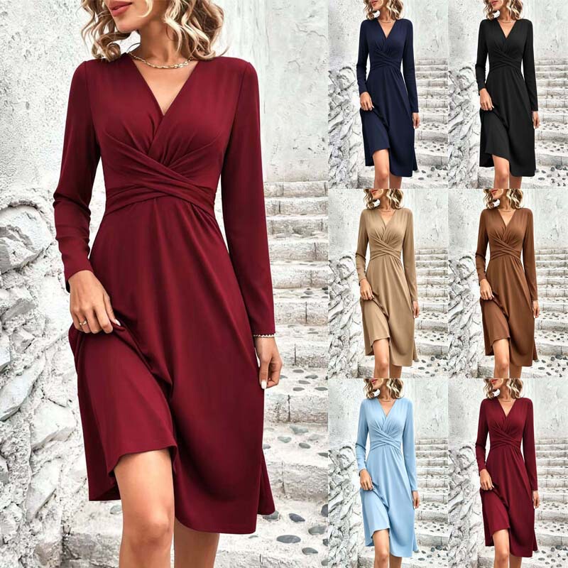 2026 European and American Cross-Border New Style Solid Color V-Neck Waist-Crossover Pleated Long-Sleeve Mid-Length Dress Women's Clothing 2026 European and American Cross-Border New Style Solid Color V-Neck Waist-Crossover Pleated Long-Sleeve Mid-Length Dress Women's Clothing