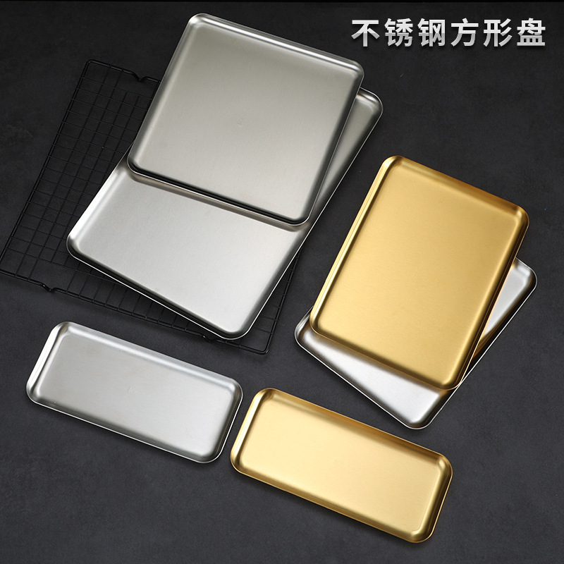 Korean-style Stainless Steel Long Square Plate Barbecue Plate Hot Pot Dish Cafe Tray Barbecue Plate Sushi Plate Fruit Plate