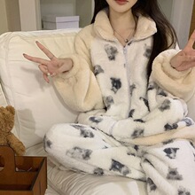 睡衣秋冬季女新款猫咪印花拉链外套加绒加厚保暖家居服套装