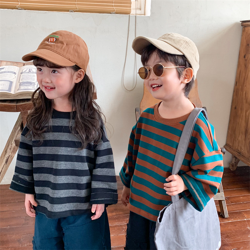 Jiaye children's 2024 spring new children's striped long-sleeved sweatshirts for boys and girls, loose and stylish T-shirt tops