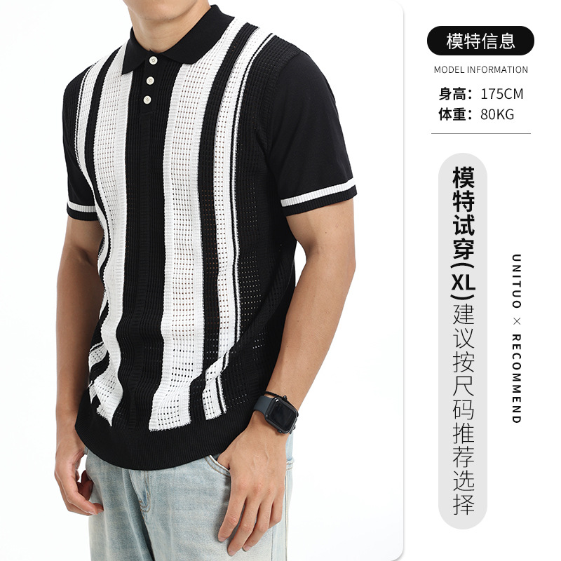 Camiseta de polo retro retro americana de color contrastante para hombre verano transpirable texturizado con collar de punto camiseta de manga corta para hombres image 7