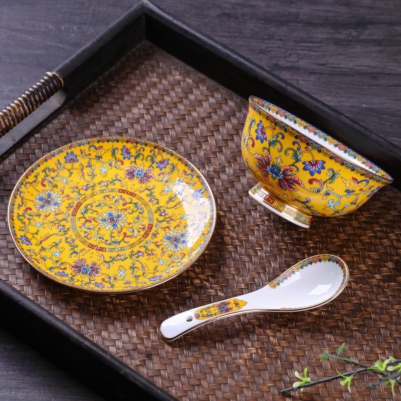 Jingdezhen enamel color bowl dish suit household wholesale ceramic bowl new creative Chinese bowl plate bone dish combination