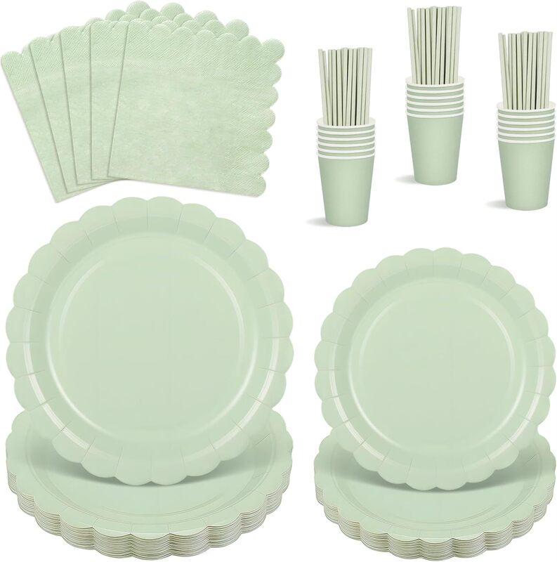 New Solid Color Sage Green Theme Party Tableware Disposable Paper Cups Paper Plates Paper Towel Arrangement Set