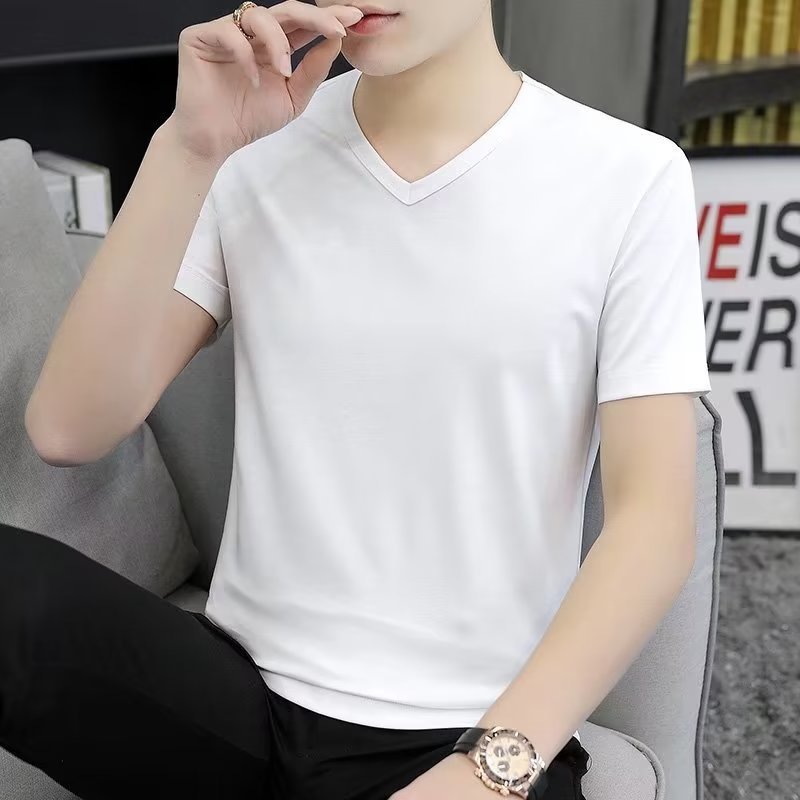 여름 얇은 얼음 실크 남성 반팔 티셔츠 흰색 단색 유행 브랜드 바닥 셔츠 v 넥 탑 남성 제조 업체 도매