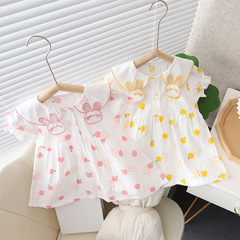 兒童女童連衣裙2023夏季新款短袖薄款裙子A字裙印花親膚女孩裙子