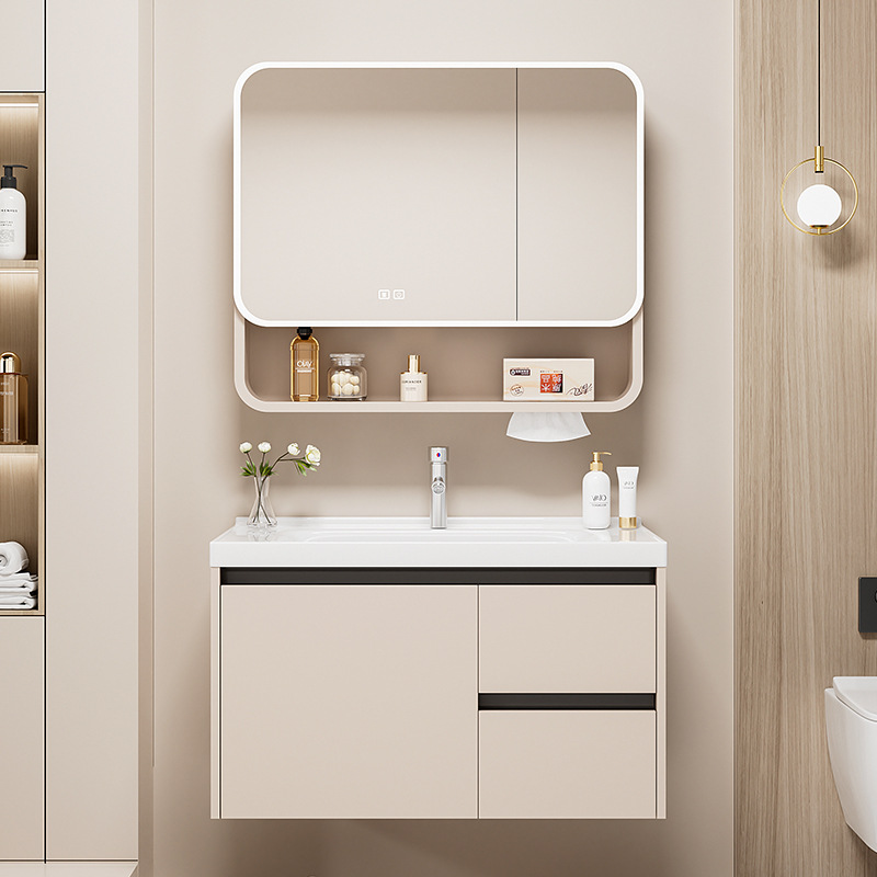 Jiumuwang Thickened Moisture-Proof Simple Smart Bathroom Cabinet Cream Color Double Drawer Bathroom Integrated Ceramic Basin Wash