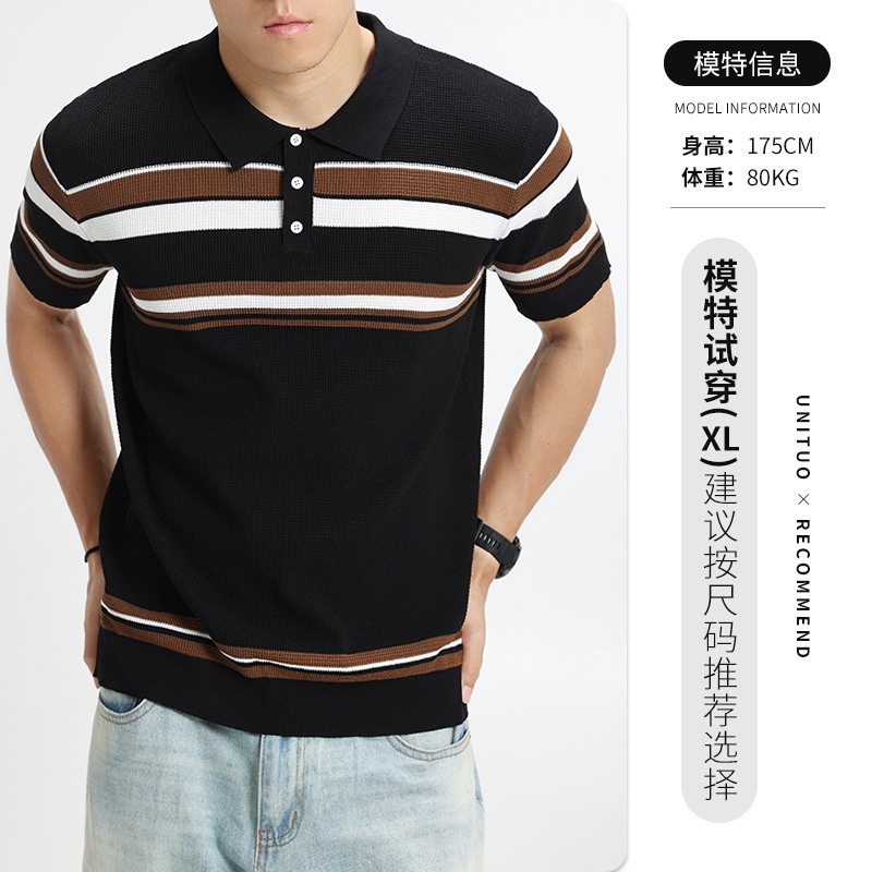 Camiseta de polo de hielo de alto nivel de hombre con cuello corto de manga corta, camiseta de punto a rayas de contraste, camiseta de negocios, camiseta casual de Paul
