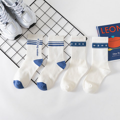 春夏男女情侶中筒襪 白色時尚街頭運動襪個性滑板潮襪提花棉襪