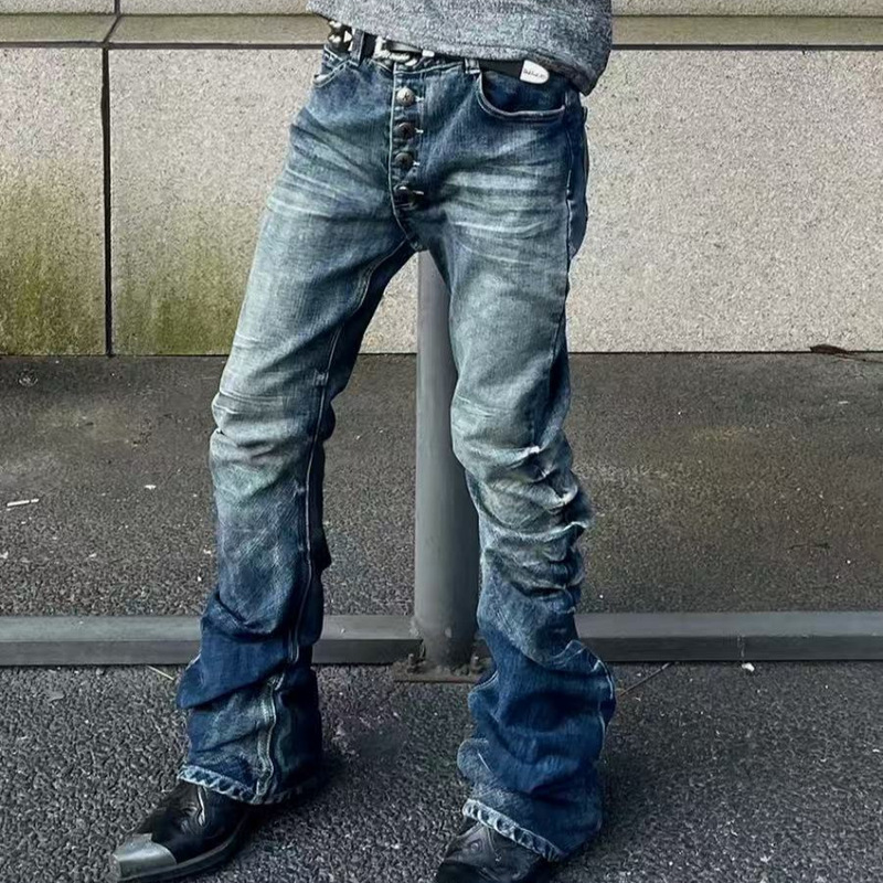 European and American High Street Retro Vintage Button Pleated Scimitar Jeans Men's Straight Slim Casual Stacked Pants