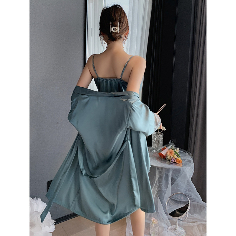 아이스 실크 파자마 여성 봄과 가을 긴팔 레이스 섹시 슬링 투피스 슈트 실크 목욕 가운 모닝 가운 얇은 나이트가운