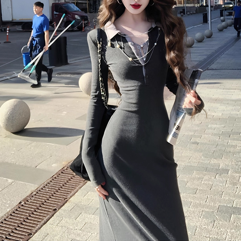 细腰陷阱 polo领蕾丝假两件修身针织连衣裙女2025秋季新款A字裙潮|undefined