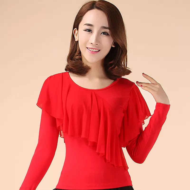 拉丁舞上衣新款春夏广场舞服装女网纱表演舞蹈圆领跳舞练习服夏天