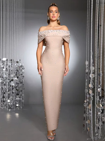 European and American New Style Pearl Beaded Rhinestone Strapless Bandage Long Dress Stretchy Sexy Women's Gown Dress