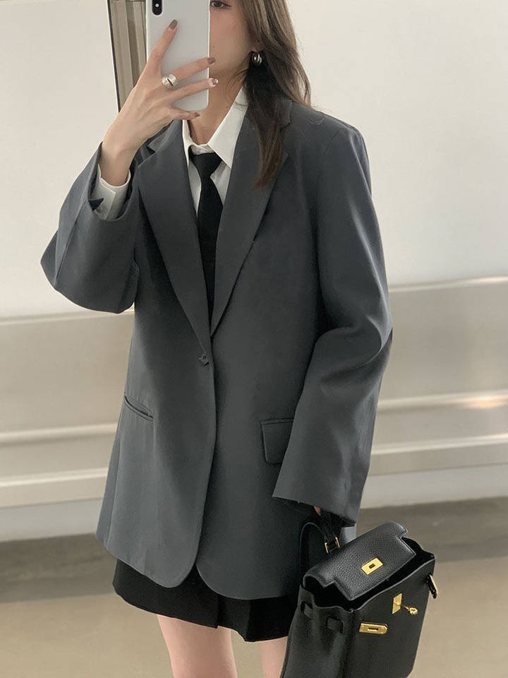 Áo blazer nữ màu xám phong cách Hàn Quốc, áo vest dài tay dáng suông tôn dáng — Màu xám [chất lượng cao] chi tiết 3
