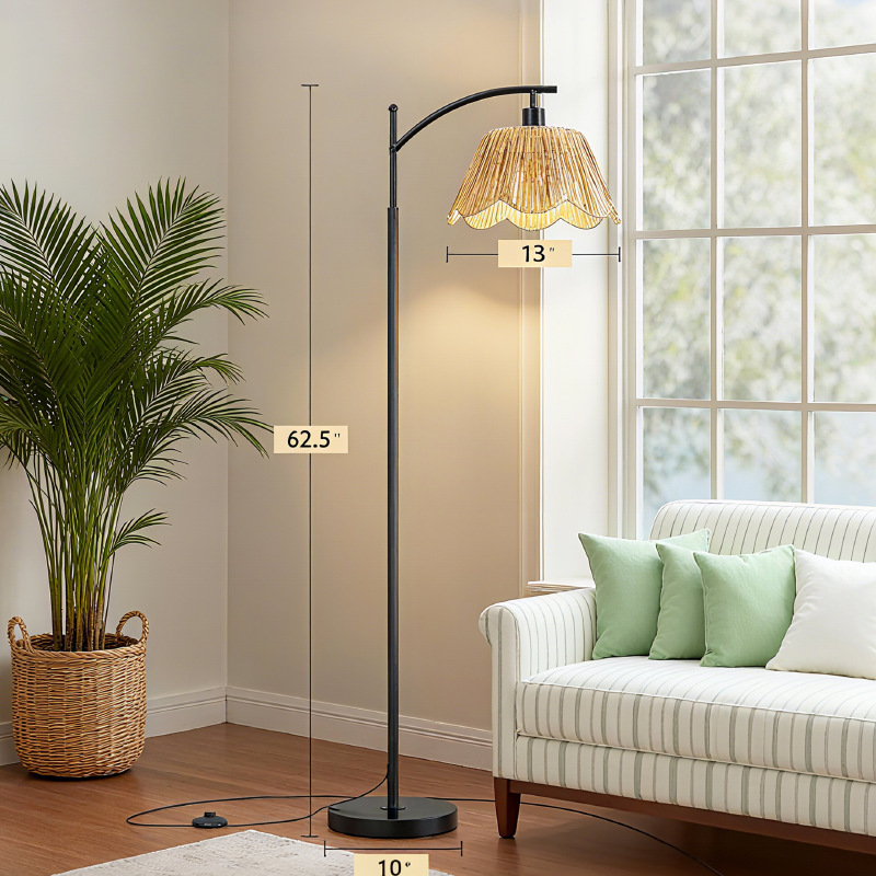 Living Room Floor Lamp Rattan Bohemian Floor Lamp with Hand-Woven Wicker Lampshade Foot Switch Black