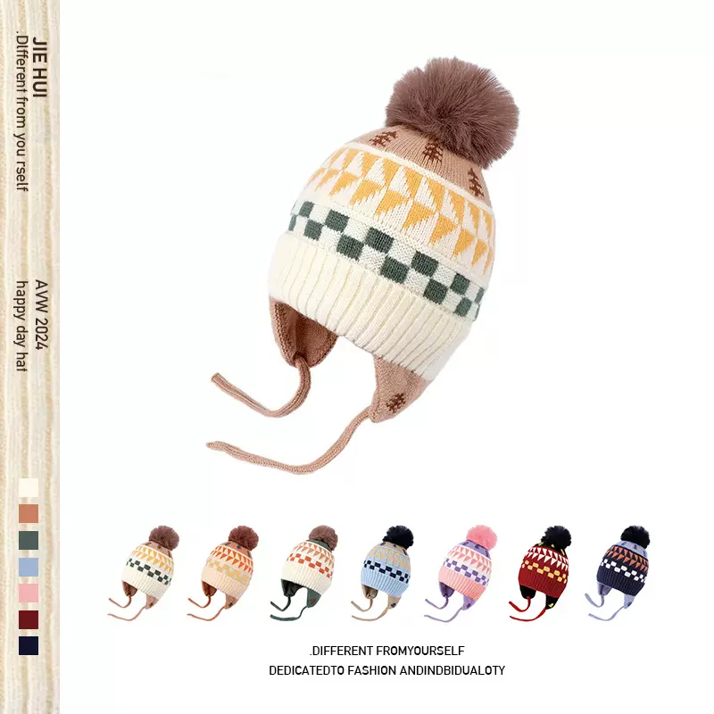 跨境提花小树护耳帽冬护耳帽中童毛线帽防风针织保儿童针织帽