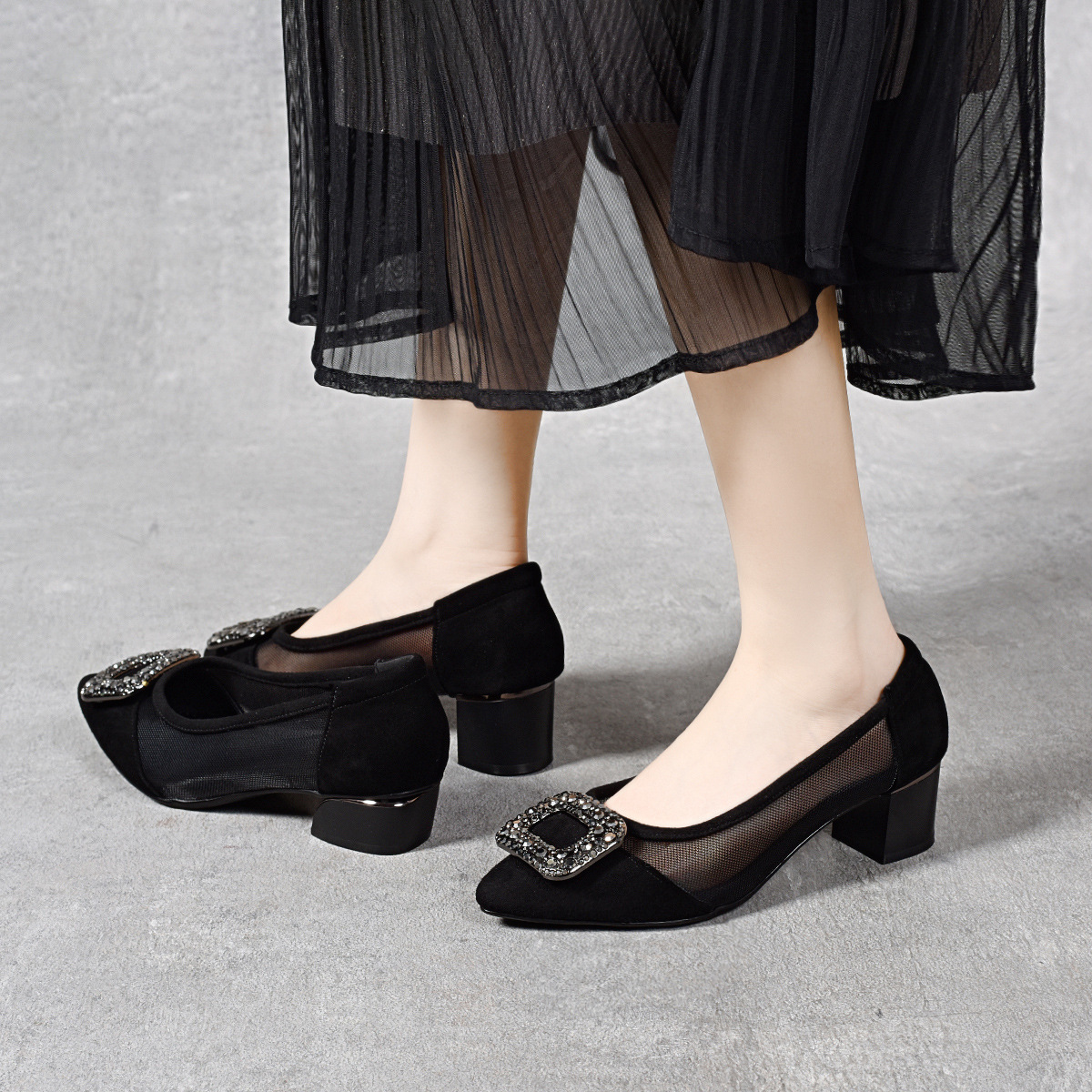 Giày sandal nữ da thật lưới mỏng mũi nhọn gót vuông 3 cm xỏ chân thoáng khí — Đen--3CM chi tiết 2
