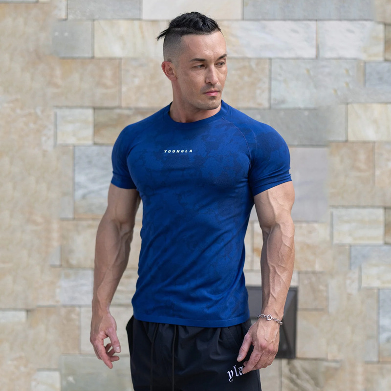 YOUNGLA new men's T-shirt camouflage sports fitness tights jogger gym running training clothes