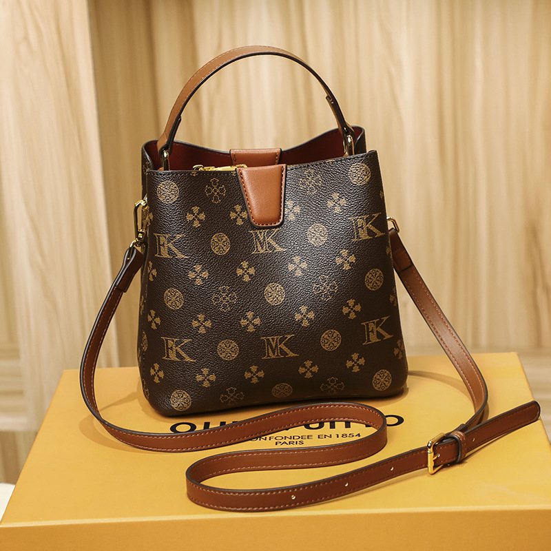 Women's Genuine Leather Handbag 2025 New Trendy Fashion Shoulder Crossbody Color-Block Monogram Bucket Bag - Thumbnail 7