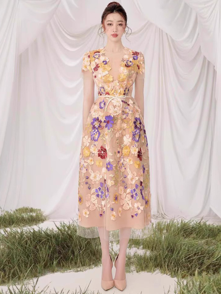 New Womens Colorful Flower Embroidered Short Sleeve V-neck Elegant Party  Dresses