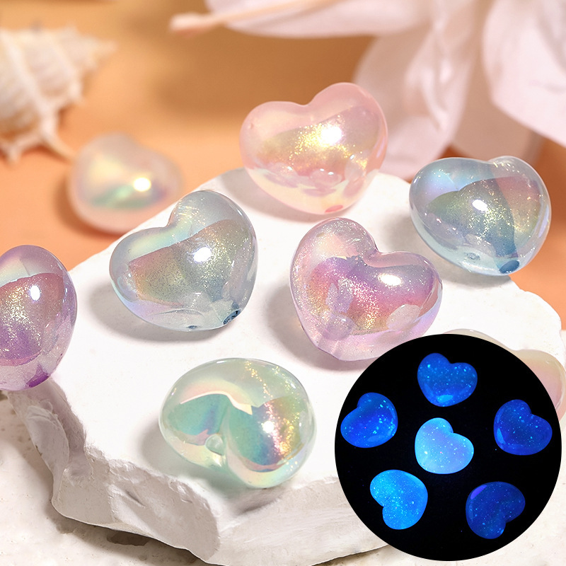 Luminous fat love acrylic beads thin flash peach heart vertical hole beaded mobile phone chain diy accessories loose beads wholesale