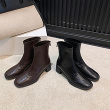 小个子方头粗跟静音底短靴女秋新款内增高切尔靴高跟法式马丁靴子