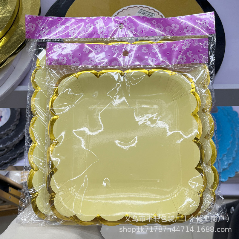 Transfronterizo estampado ondas desechable bandeja cuadrada macarón bandeja de papel bandeja de fiesta de cumpleaños para niños platos de pastel bandeja de frutas