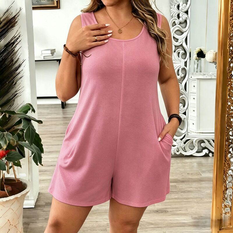 2026 European and American Cross-Border Plus-Size Jumpsuit Elegant Solid Color Sleeveless Romper Casual Pocket Crew Neck Jumpsuit