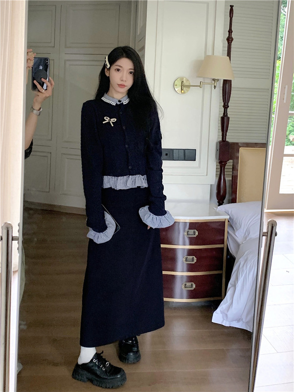 实拍~假两件拼接长袖设计款针织衫女+高腰显瘦开叉长款半身裙套装|undefined