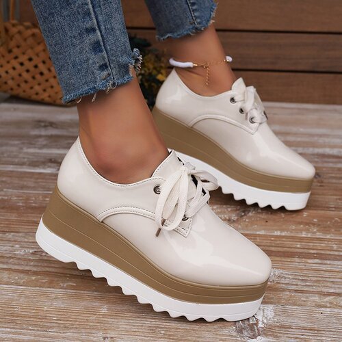 Plus-size platform mule shoes for women—autumn/winter collection, featuring lace-up design, square toe, patent leather finish, and dramatic wedge heels for added height.