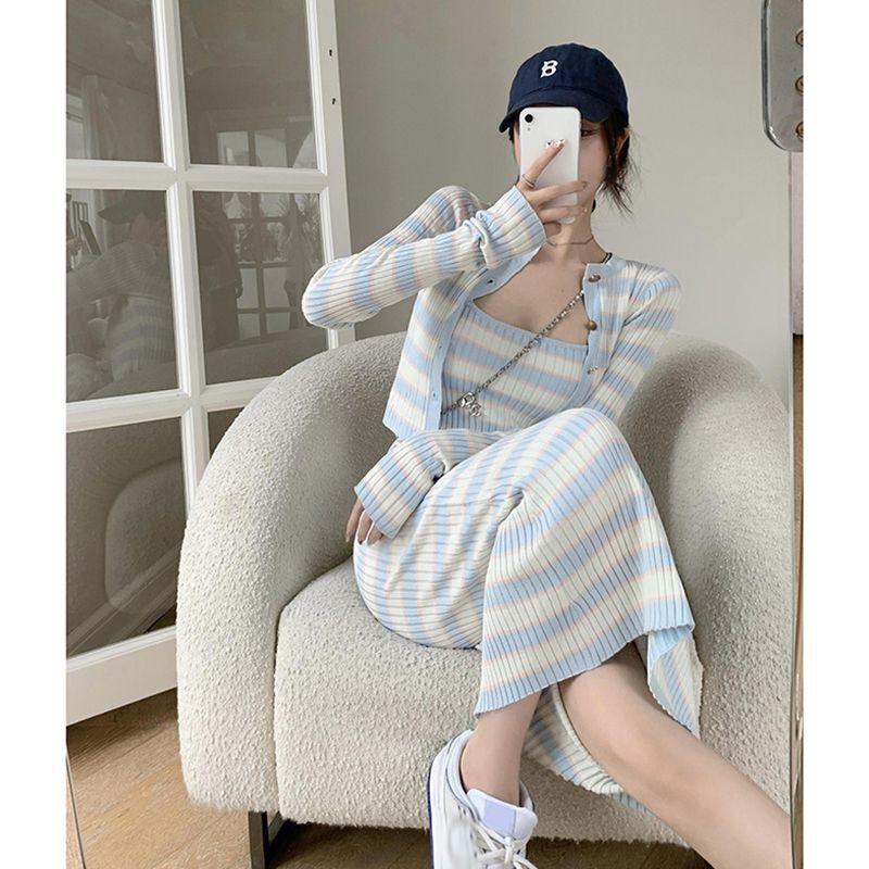 Korean-Style Casual Fashion Suit for Women with a Mature and Elegant Vibe! Knitted Strap Dress for Women, Autumn Striped Mid-Length Dress
